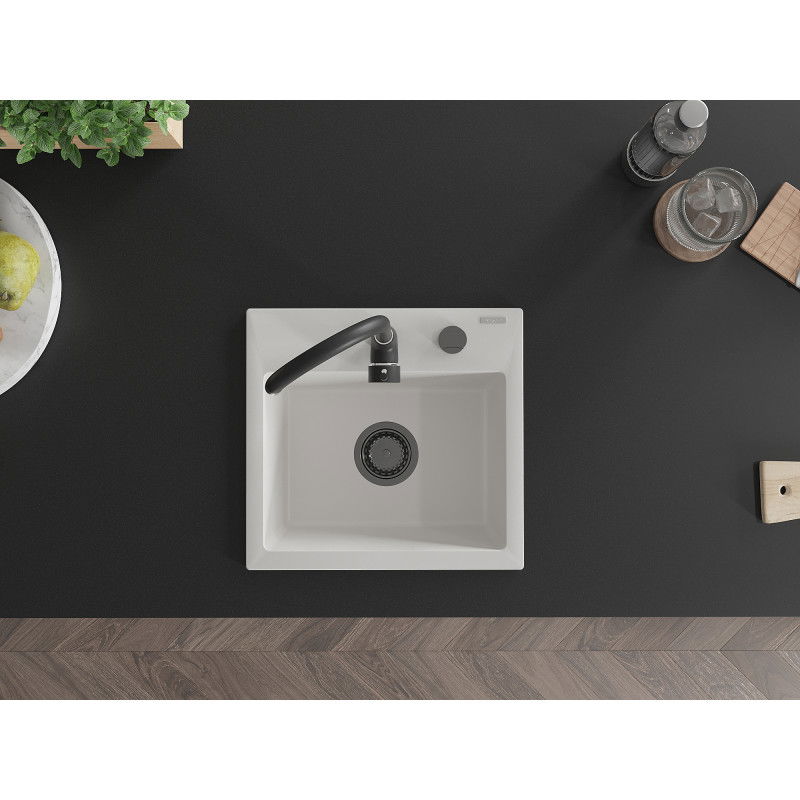 Mexen Milo мивка от гранит с 1 отделение 435 x 410 mm, бял, черен сифон - 6505441000-20-B