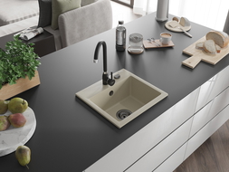 Mexen Milo Гранитна кухненска мивка с 1 отделение 435 x 410 mm, Бежова, черен сифон - 6505441000-69-B