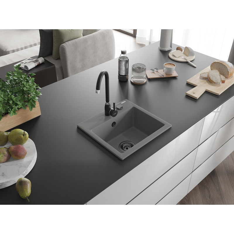 Mexen Milo гранитна кухненска мивка с 1 корито 435 x 410 мм, сива, сифон черен - 6505441000-71-B