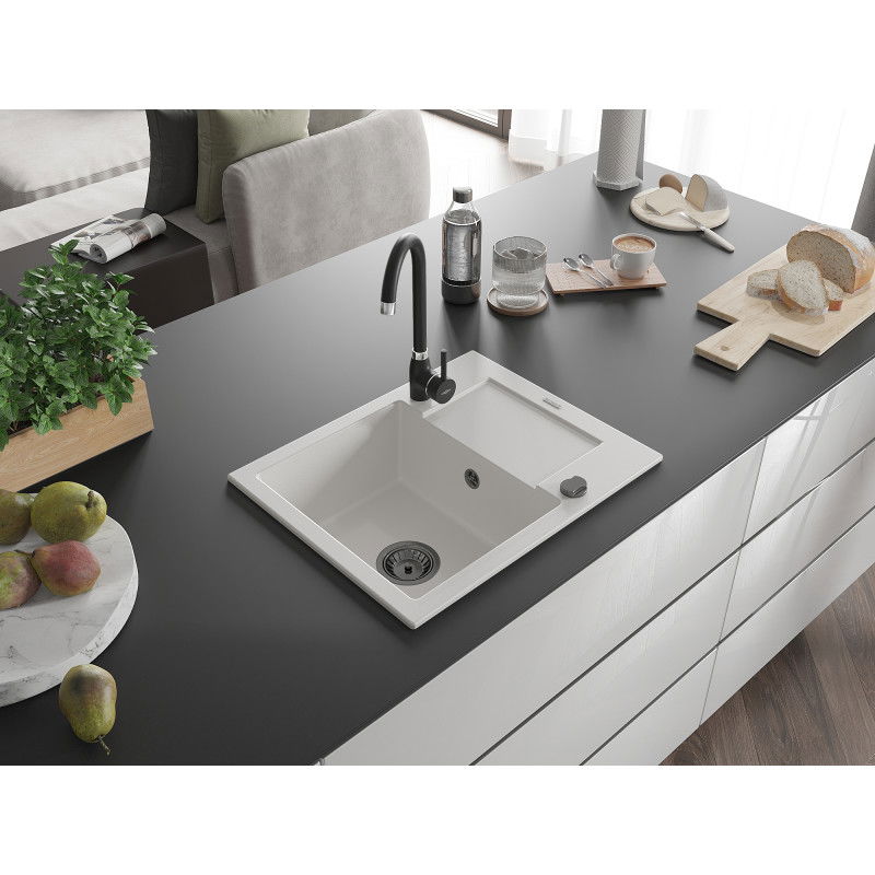 Mexen Enzo кухненска мивка от гранит с 1 отделение с отцедник 576 x 465 мм, бял, сифон черен - 6506571005-20-B