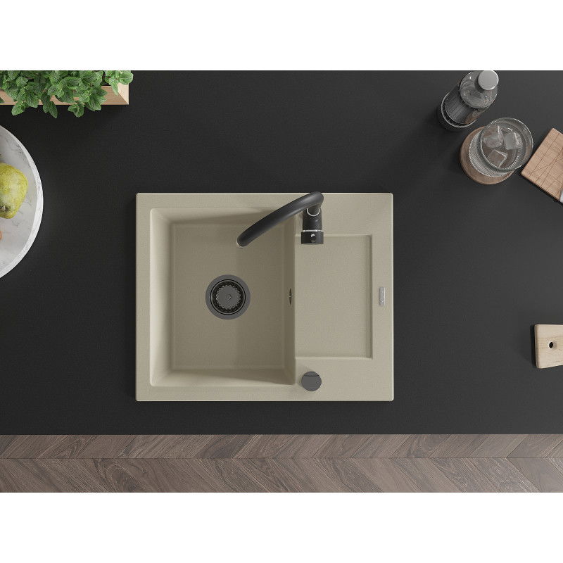 Mexen Enzo гранитна мивка с една камера с отцедник 576 x 465 мм, бежова, черен сифон - 6506571005-69-B