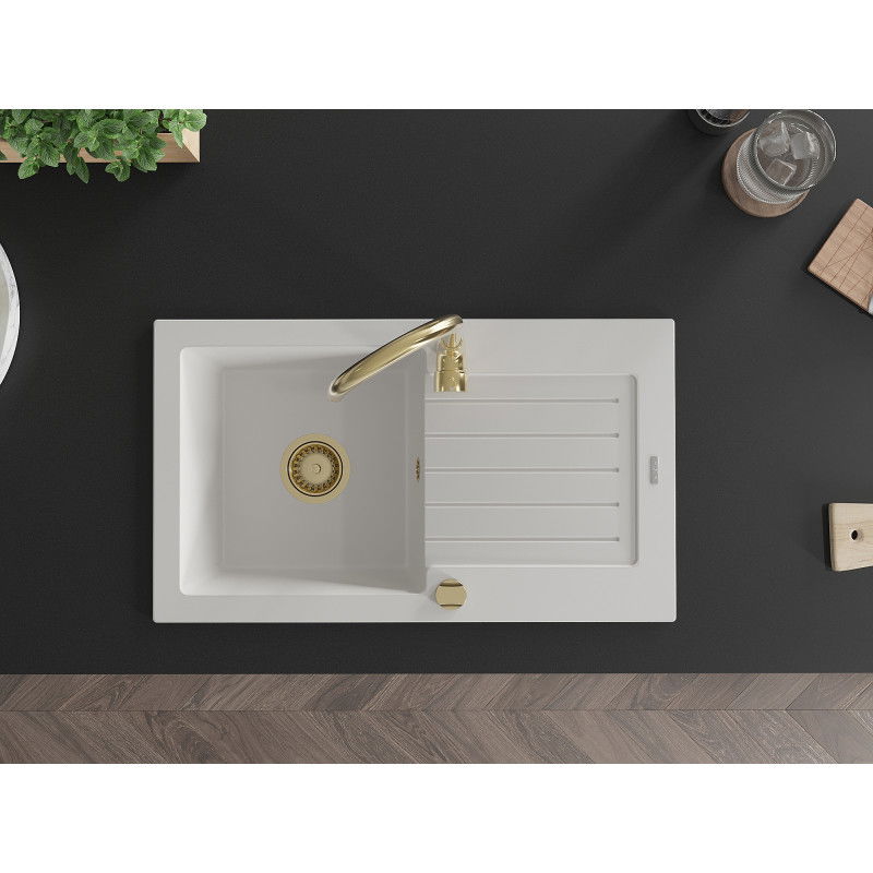 Mexen Pablo мивка от гранит с една камера с отцедник 752 x 436 mm, бял, с сифон в златен цвят - 6510751010-20-G