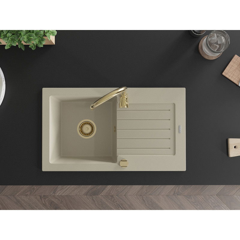 Mexen Pablo гранитна мивка 1-камерна с отцедник 752 x 436 мм, бежова, златен сифон - 6510751010-69-G