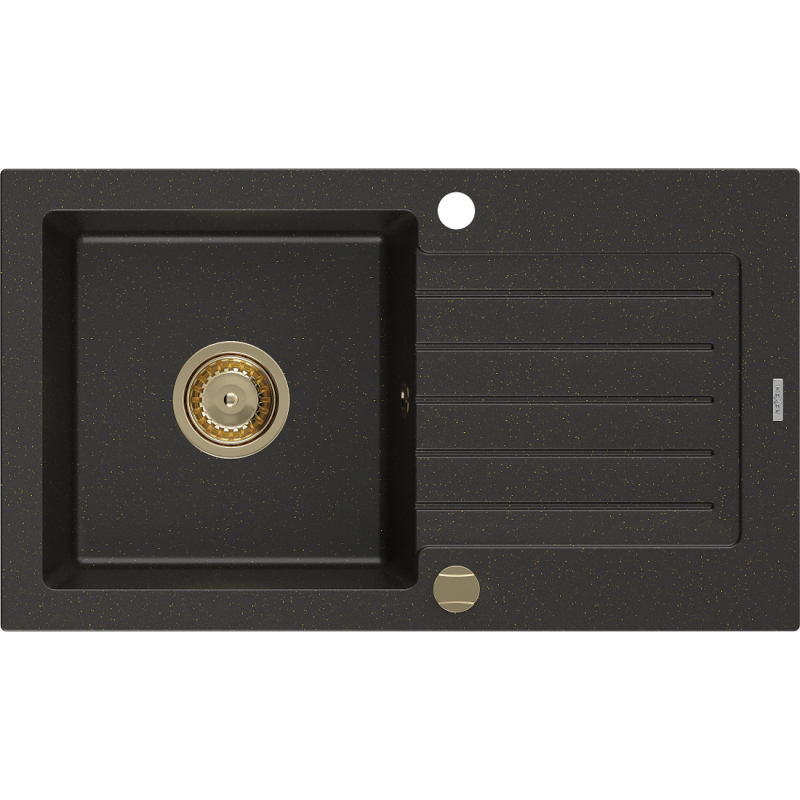 Mexen Pablo гранитна мивка с 1 корито и отцедник 752 x 436 mm, черен/златист металик, златен сифон - 6510751010-75-G