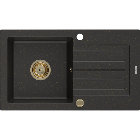 Mexen Pablo гранитна мивка с 1 корито и отцедник 752 x 436 mm, черен/златист металик, златен сифон - 6510751010-75-G