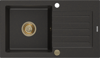 Mexen Pablo гранитна мивка с 1 корито и отцедник 752 x 436 mm, черен/златист металик, златен сифон - 6510751010-75-G