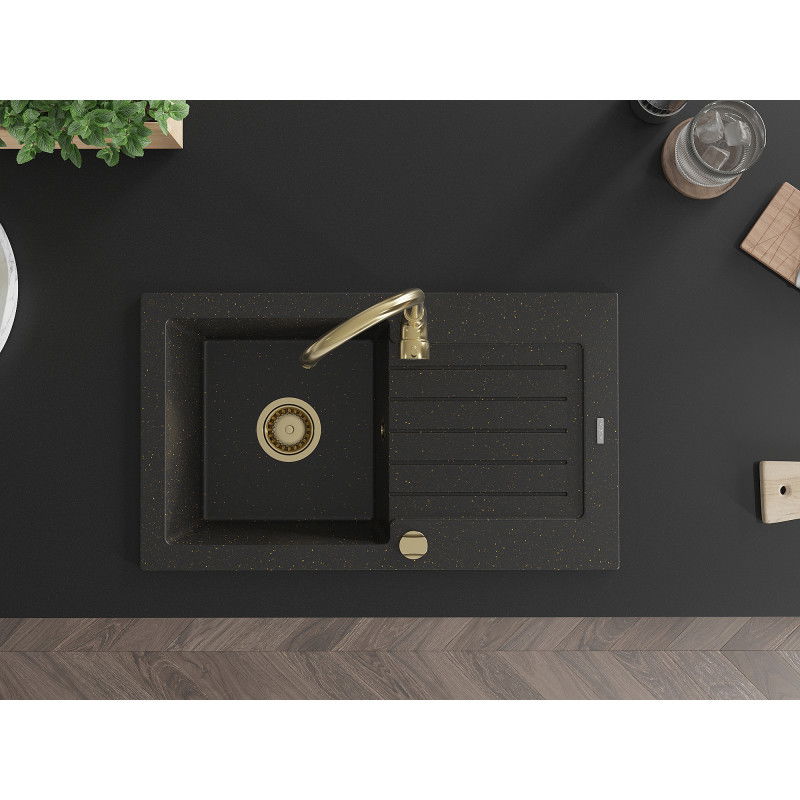 Mexen Pablo гранитна мивка с 1 камера и отцедник 752 x 436 мм, черно/златно металик, златен сифон - 6510751010-75-G