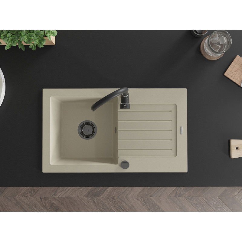 Mexen Pablo гранитна мивка с 1 корито и отцедник 752 x 436 мм, бежова, черен сифон - 6510751010-69-B