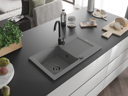 Mexen Pablo гранитна мивка с 1 отделение с отцедник 752 x 436 мм, сив, черен сифон - 6510751010-71-B