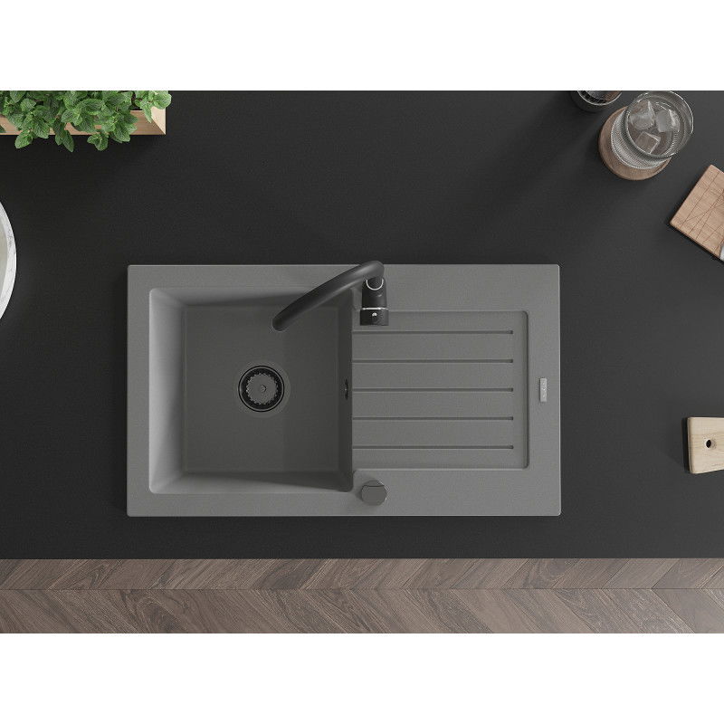 Mexen Pablo гранитна мивка с 1 отделение с отцедник 752 x 436 мм, сив, черен сифон - 6510751010-71-B