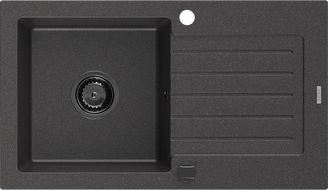 Mexen Pablo гранитна мивка с една камера и отцедник 752 x 436 mm, черна с пръски, черен сифон - 6510751010-76-B