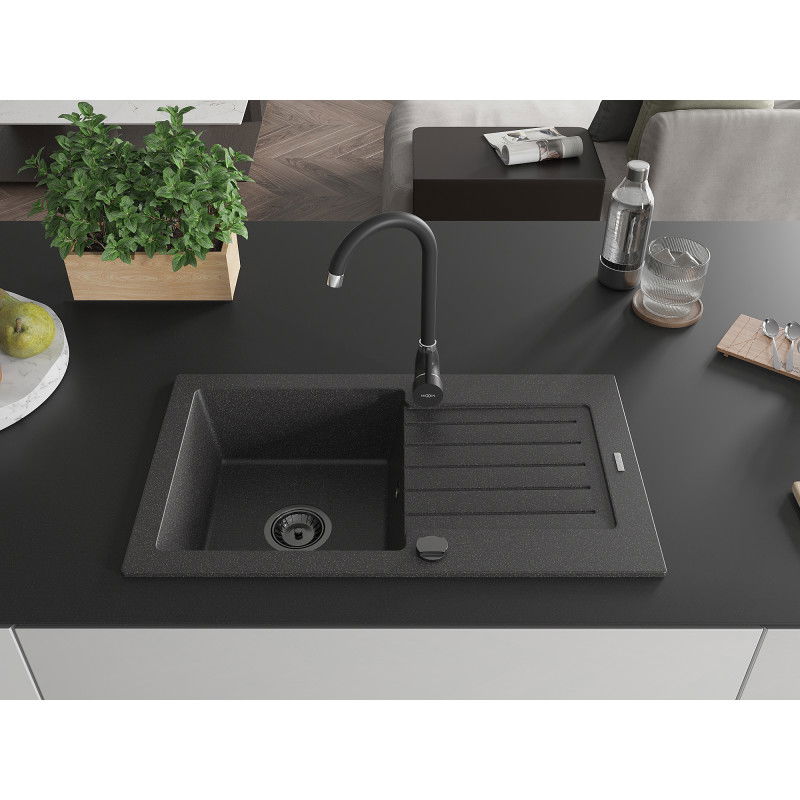 Mexen Pablo гранитна мивка с една камера и отцедник 752 x 436 mm, черна с пръски, черен сифон - 6510751010-76-B