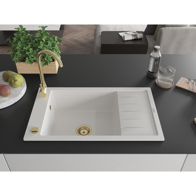 Mexen Elias гранитна кухненска мивка с една камера с отцедник 795 x 480 mm, бял,