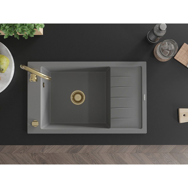 Mexen Elias гранитна мивка с една камера и дренаж 795 x 480 мм, сива, златен сифон - 6511791005-71-G