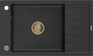 Mexen Elias гранитна мивка, еднокамерна с отцедник, 795 x 480 мм, черен/сребърен металик, сифон златист - 6511791005-73-G
