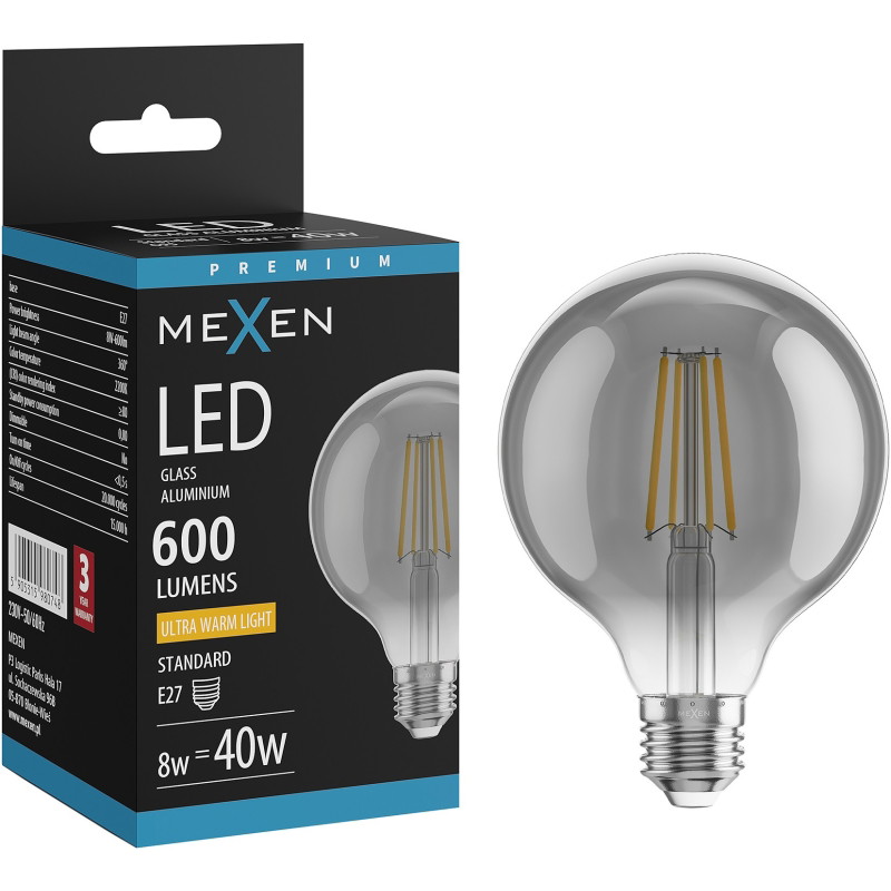 Mexen Vintis LED филаментна крушка E27, G95, 8W, Топла - 2200K, 600 lm, дим - L157-E27-0822-70