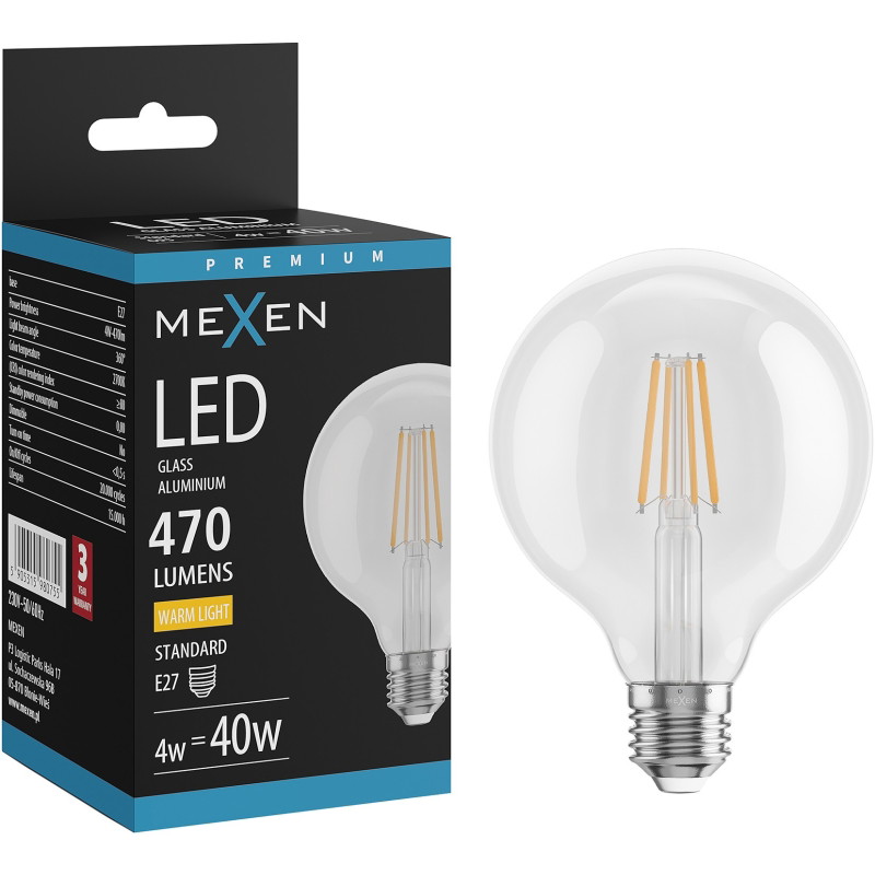 Mexen Vintis LED филаментна крушка E27, G95, 4W, Топла - 2700K, 470 lm, прозрачна