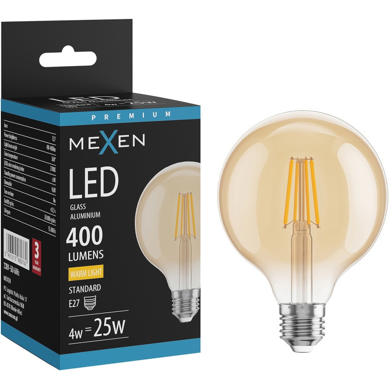 Mexen Vintis LED филаментна крушка E27, G95, 4W, Топла - 2700K, 400 lm, кехлибар - L157-E27-0427-50