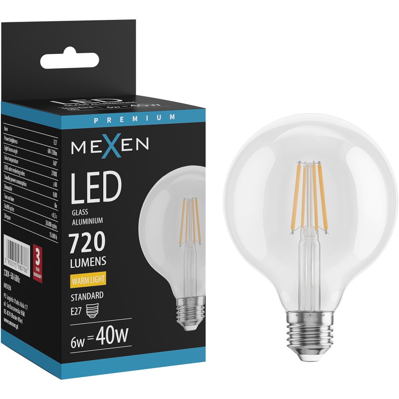 Mexen Vintis LED LED крушка филамент E27, G95, 6W, Топла - 2700K, 720 lm, прозрачна