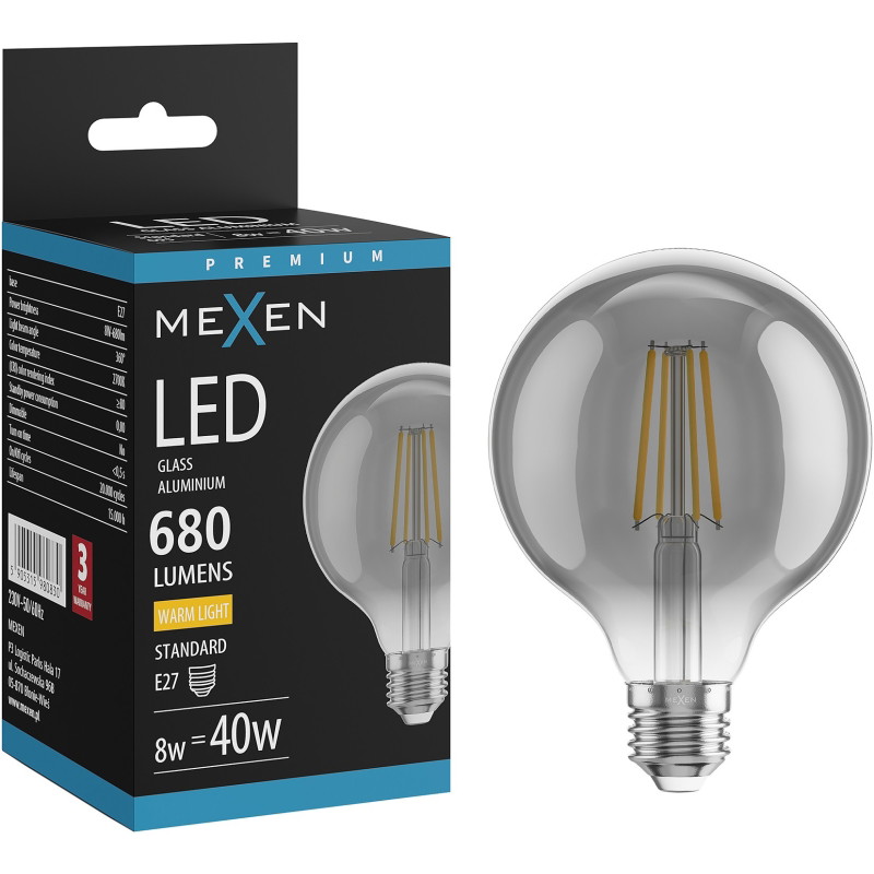 Mexen Vintis LED крушка с нажежаема жичка E27, G95, 8W, Топла - 2700K, 680 lm, димена