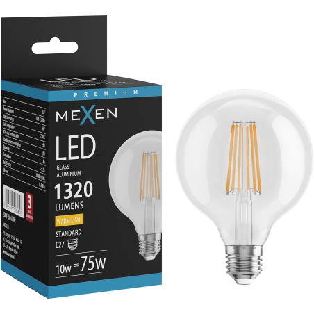 Mexen Vintis LED нажежаема жичка лампа E27, G95, 10W, Топла - 2700K, 1320 lm, прозрачен
