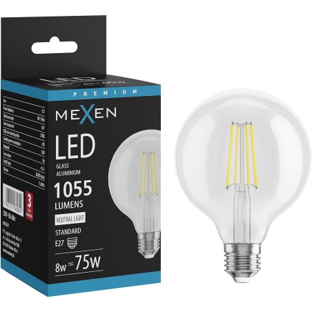 Mexen Vintis LED филамент крушка E27, G95, 8W, Неутрална - 4000K, 1055 lm, прозрачно