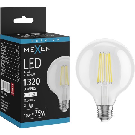 Mexen Vintis LED филамент крушка E27, G95, 10W, неутрална - 4000K, 1320 lm, прозрачен