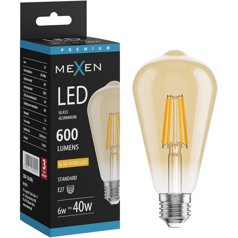Mexen Vintis LED филамент крушка E27, ST64, 6W, Топла - 2200K, 600 lm, кехлибар - L152-E27-0622-50