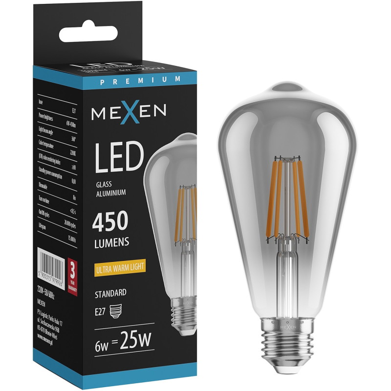 Mexen Vintis LED филаментна крушка E27, ST64, 6W, Топла - 2200K, 450 lm, димна - L152-E27-0622-70