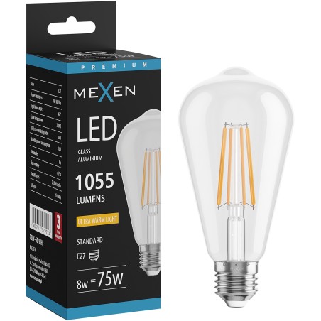 Mexen Vintis LED филамент крушка E27, ST64, 8W, Топла - 2200K, 1055 lm, прозрачна - L152-E27-0822-00