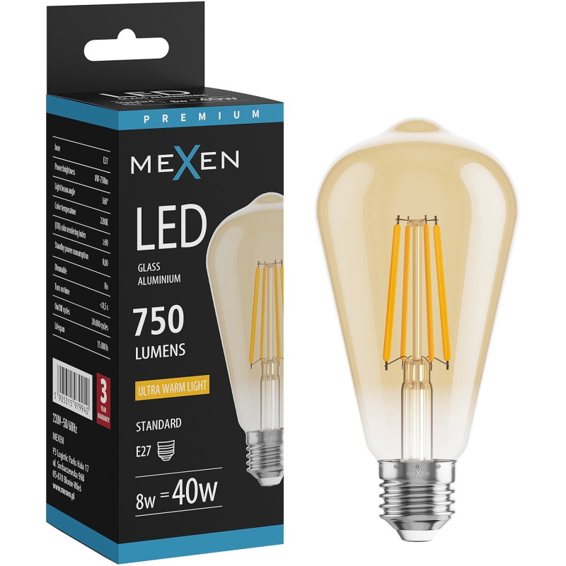 Mexen Vintis LED филамент крушка E27, ST64, 8W, Топло - 2200K, 750 lm, кехлибарена
