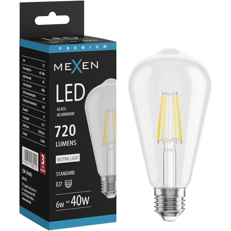 Mexen Vintis LED филамент крушка E27, ST64, 6W, Неутрална - 4000K, 720 lm, clear - L152-E27-0640-00