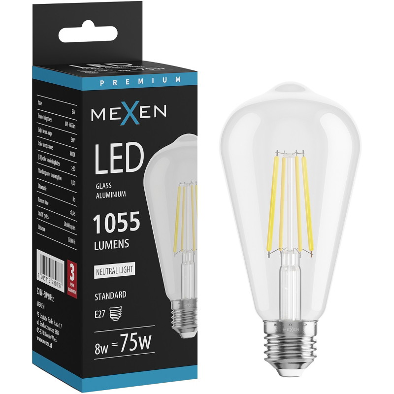 Mexen Vintis LED филмент крушка E27, ST64, 8W, Неутрална - 4000K, 1055 lm, прозрачна