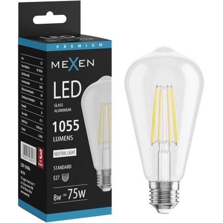 Mexen Vintis LED филмент крушка E27, ST64, 8W, Неутрална - 4000K, 1055 lm, прозрачна