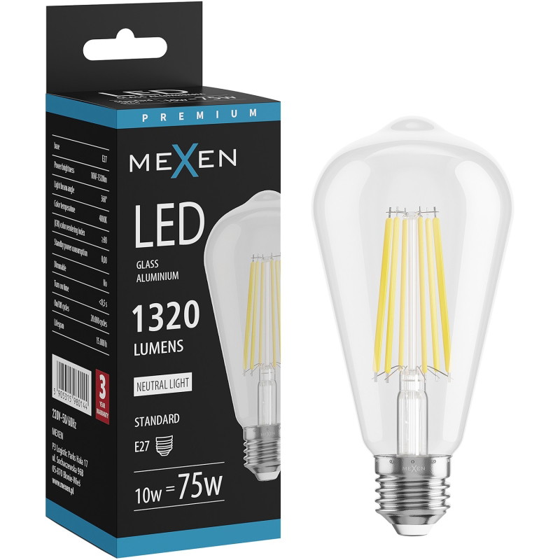 Mexen Vintis LED E27 филамент крушка, ST64, 10W, Неутрална - 4000K, 1320 lm, прозрачно