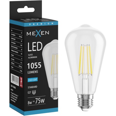 Mexen Vintis LED нажежаема жичка крушка E27, ST64, 8W, Студена - 6500K, 1055 lm, прозрачна
