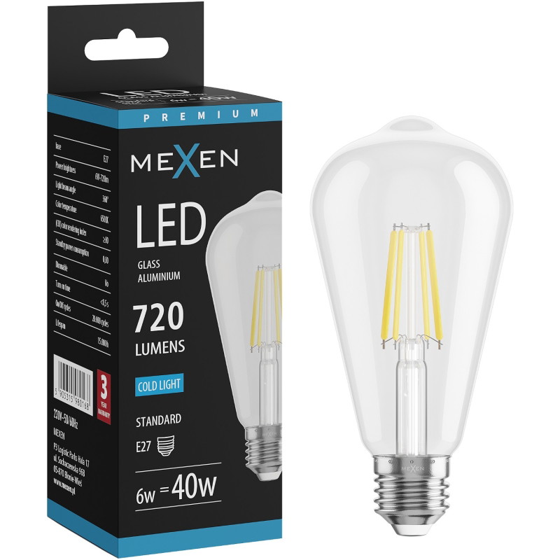 Mexen Vintis LED филаментна крушка E27, ST64, 6W, Студена - 6500K, 720 lm, прозрачна