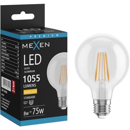 Mexen Vintis LED крушка с нажежаема жичка E27, G80, 8W, Топла - 2700K, 1055 lm, прозрачна