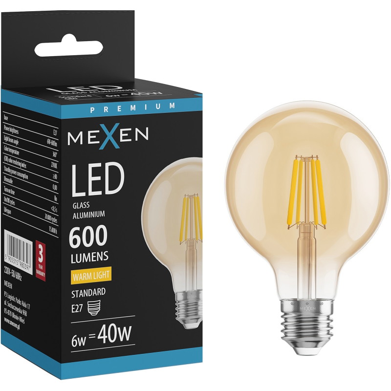 Mexen Vintis LED филамент крушка E27, G80, 8W, Топла - 2700K, 750 lm, кехлибар - L155-E27-0827-50