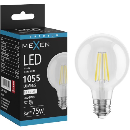Mexen Vintis LED филамент крушка E27, G80, 8W, Неутрална - 4000K, 1055 lm, прозрачна