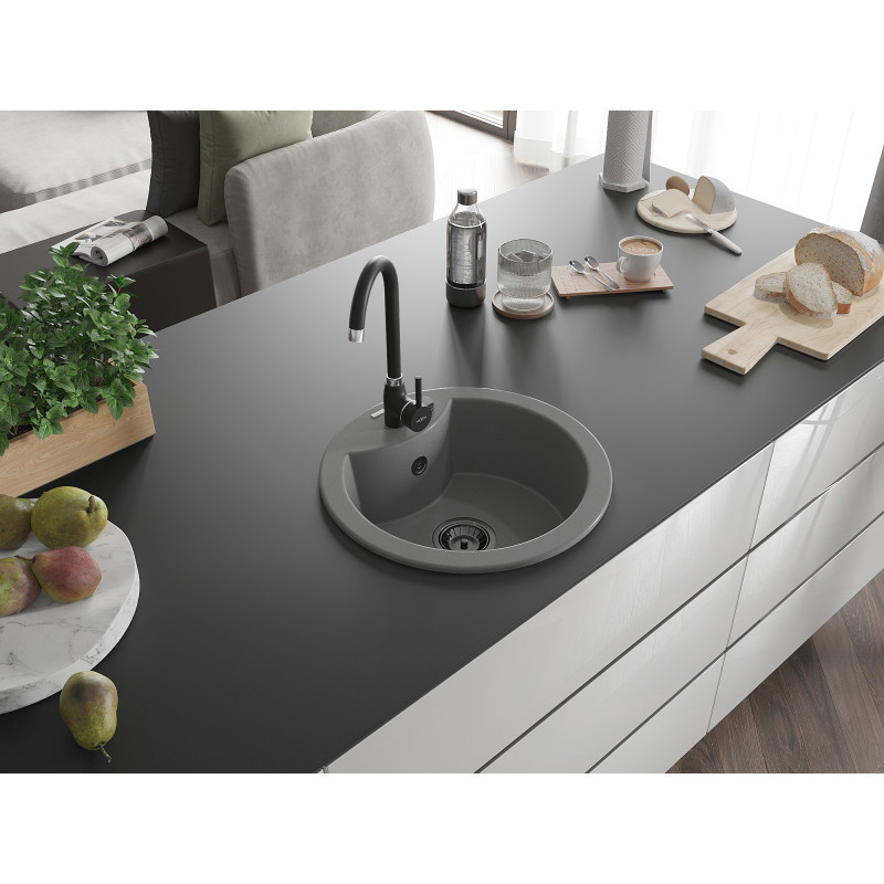 Mexen Diego гранитна мивка с 1 отделение 488 x 480 мм, сива, черен сифон