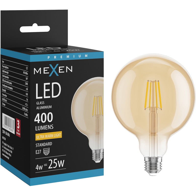 Mexen Vintis LED филаментна крушка E27, G125, 4W, Топла - 2200K, 400 lm, кехлибар