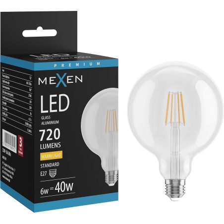 Mexen Vintis LED филамент крушка E27, G125, 6W, Топла - 2700K, 720 lm, прозрачен - L158-E27-0627-00
