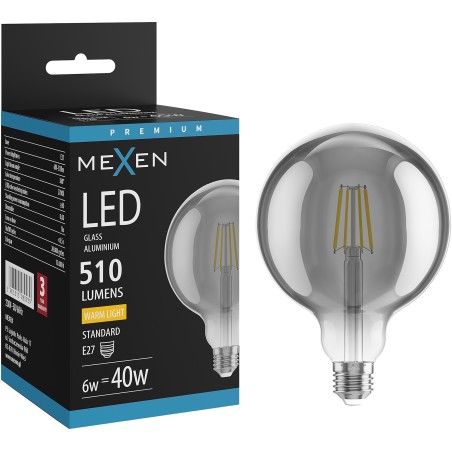 Mexen Vintis LED филамент крушка E27, G125, 6W, Топла - 2700K, 510 lm, димно стъкло