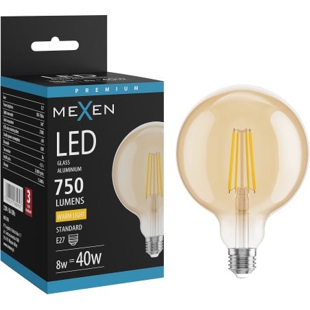 Mexen Vintis LED Крушка с нажежаема жичка E27, G125, 8W, Топла - 2700K, 750 lm, кехлибар