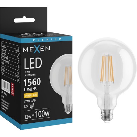 Mexen Vintis LED лампа филамент E27, G125, 12W, Топла - 2700K, 1560 lm, прозрачна - L158-E27-1227-00