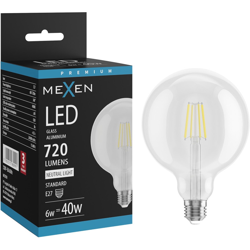 Mexen Vintis LED нажежаема жичка E27, G125, 6W, Неутрална - 4000K, 720 lm, прозрачна