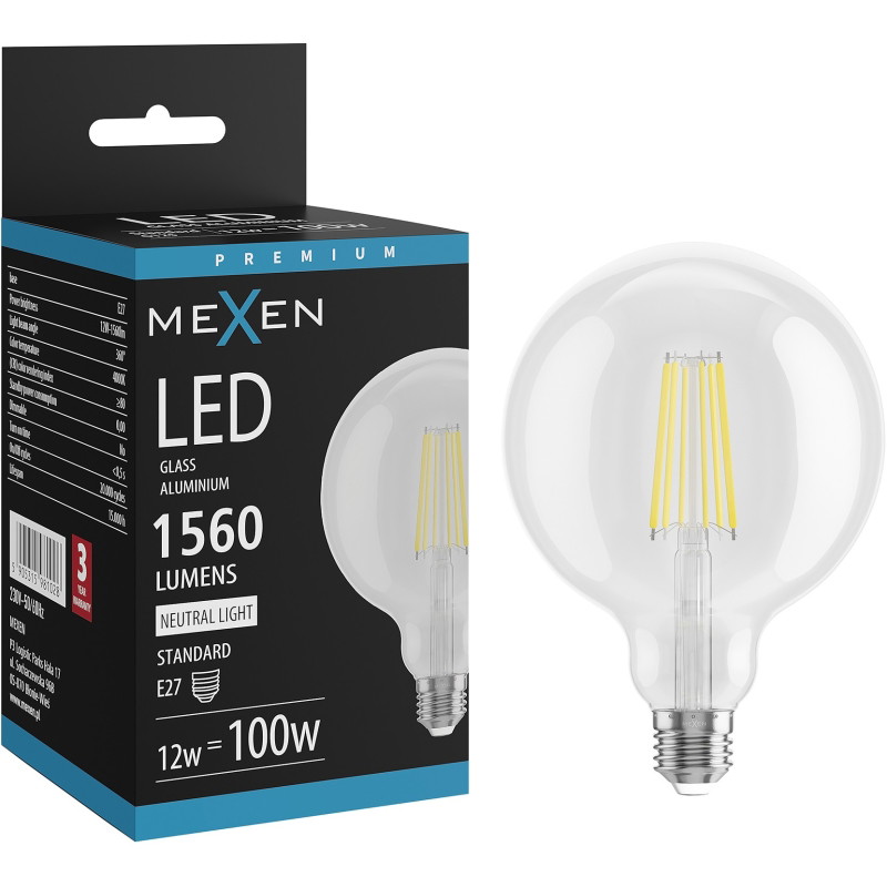 Mexen Vintis LED крушка с нажежаема жичка E27, G125, 12W, неутрална - 4000K, 1560 lm,