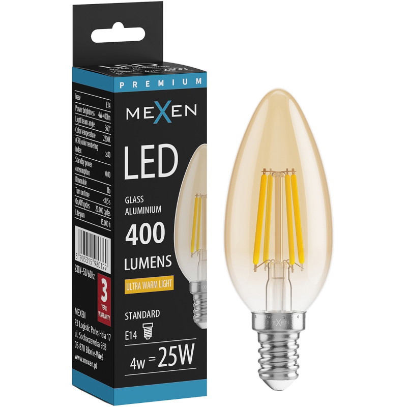 Mexen Vintis LED крушка с нажежаема жичка E14, C35, 4W, Топло - 2200K, 400 lm, кехлибар