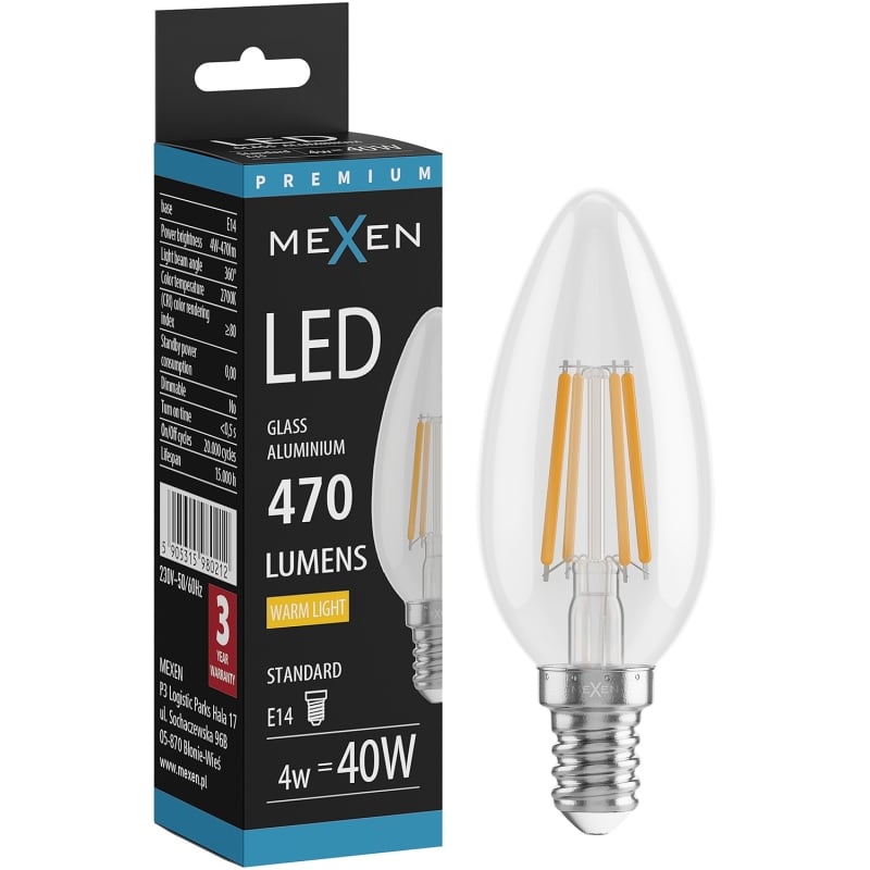 Mexen Vintis Филаментна LED крушка E14, C35, 4W, Топла - 2700K, 470 lm, прозрачна